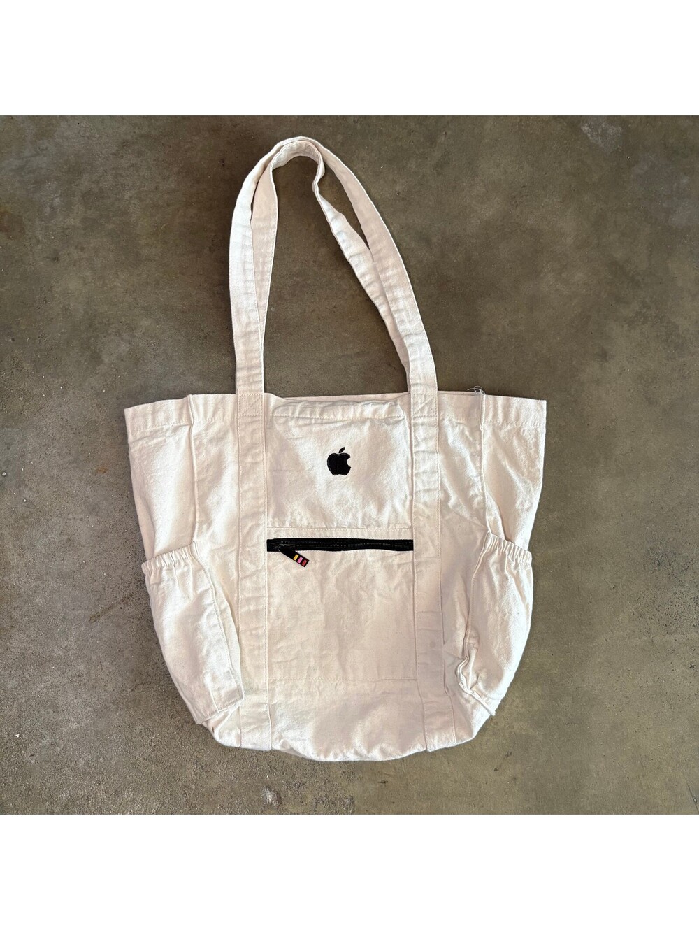 Apple Employee Canvas Tote Bag with Front Zipper Pocket and Black Logo